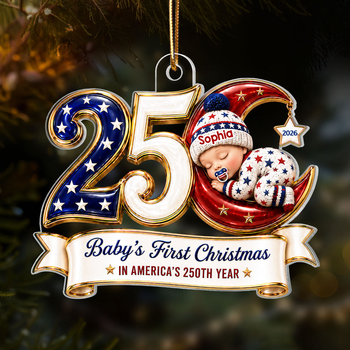 Baby’s First Christmas 2026 2D Flat - Personalized Acrylic Ornament - 250 Years of America Patriotic Keepsake