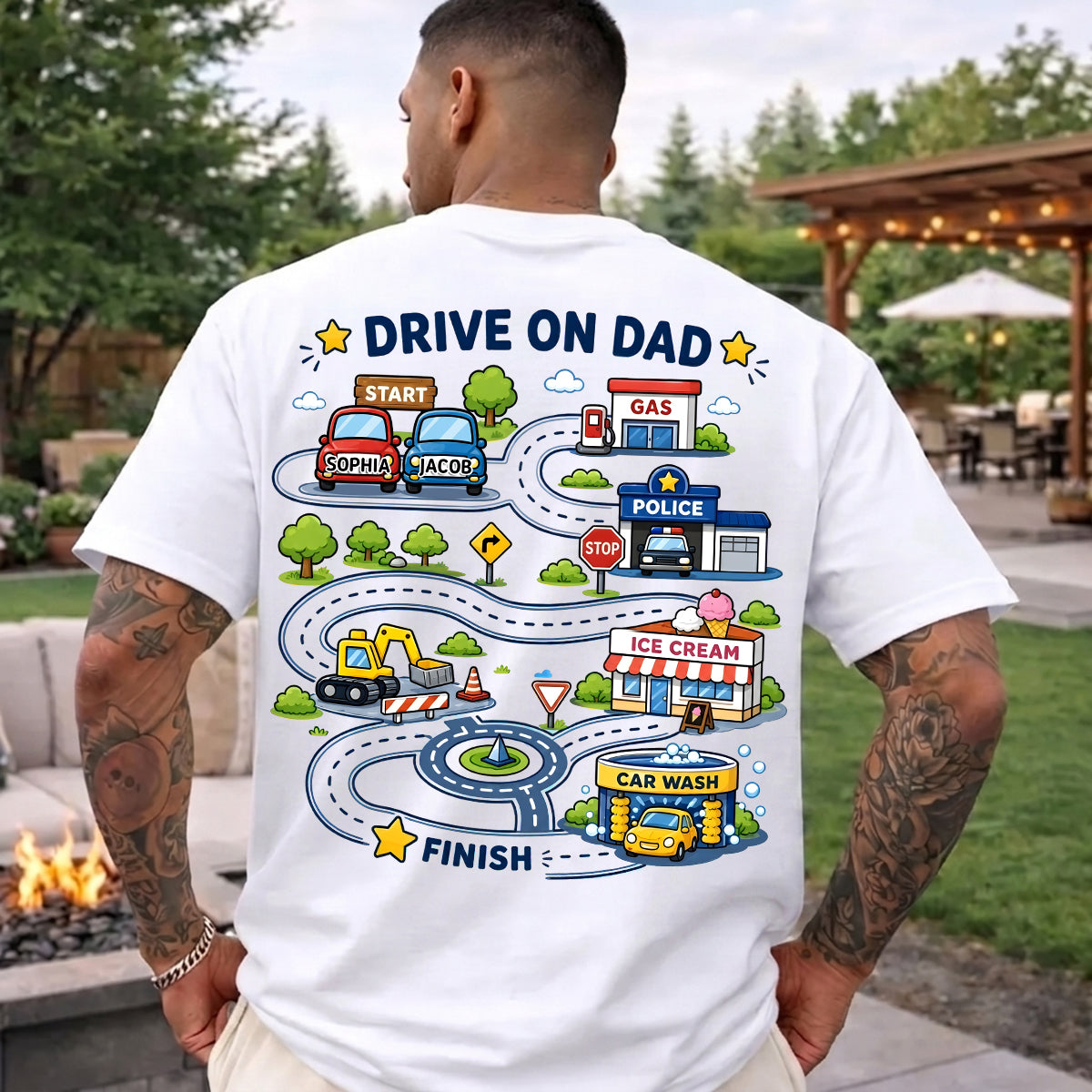 Drive On Dad Toddler Drives Toy Cars on City Road Map - Personalized Shirt - Father's Day Gift for Him