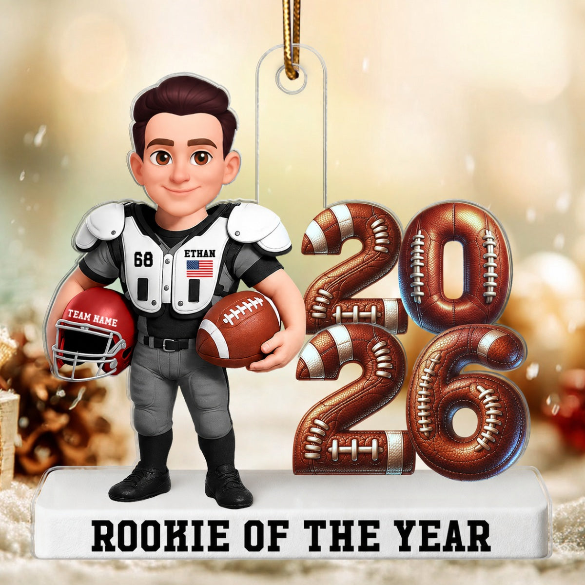 Proud American Football Player Standing By Year 3D Effect - Personalized Acrylic Ornament