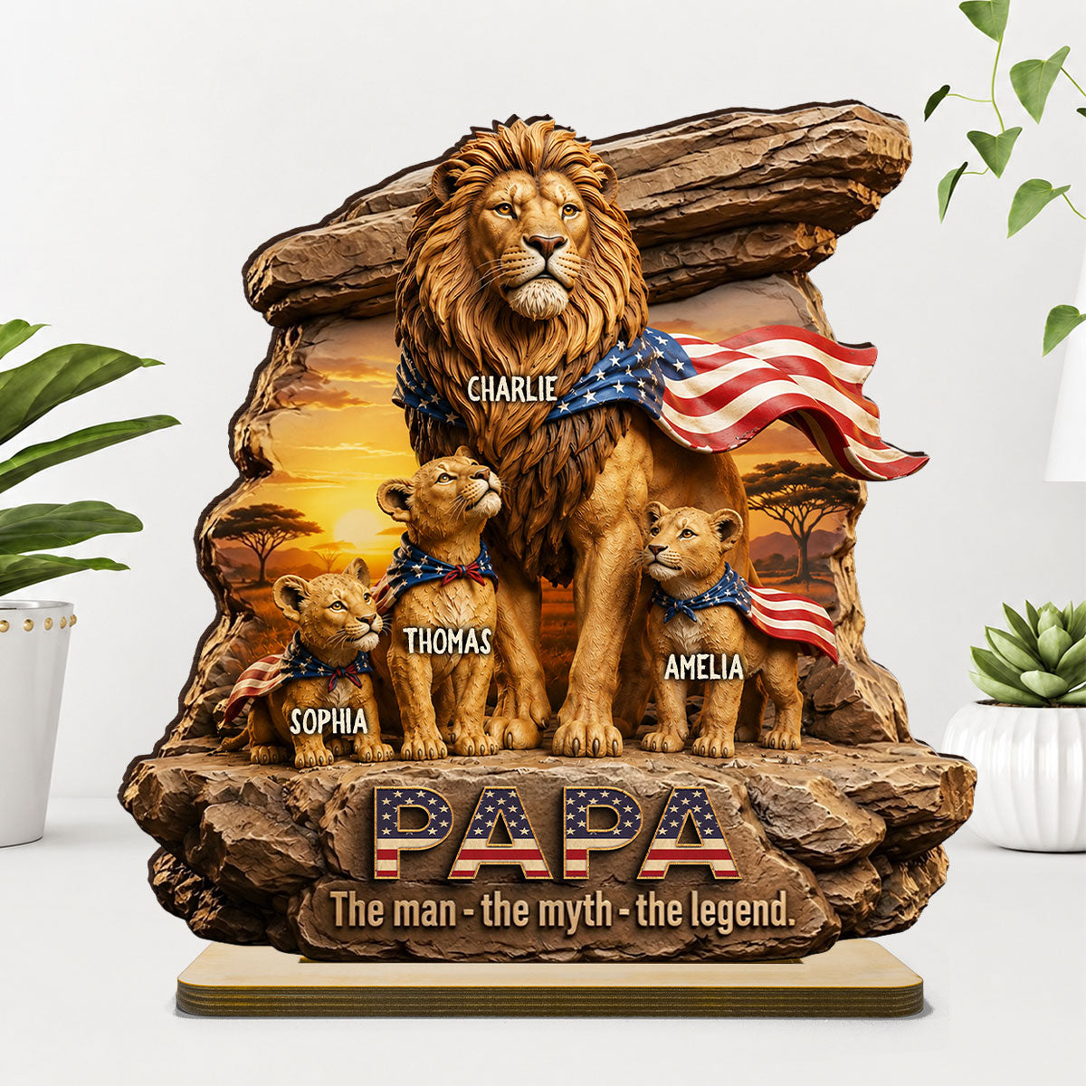 Lion Dad Papa the Legend - Personalized 2-Layered Wooden Plaque -  Gift for Dad, Husband
