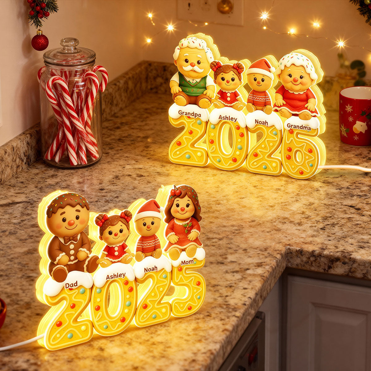 Gingerbread Family 2025 - Personalized Light Box - Festive Christmas Decor