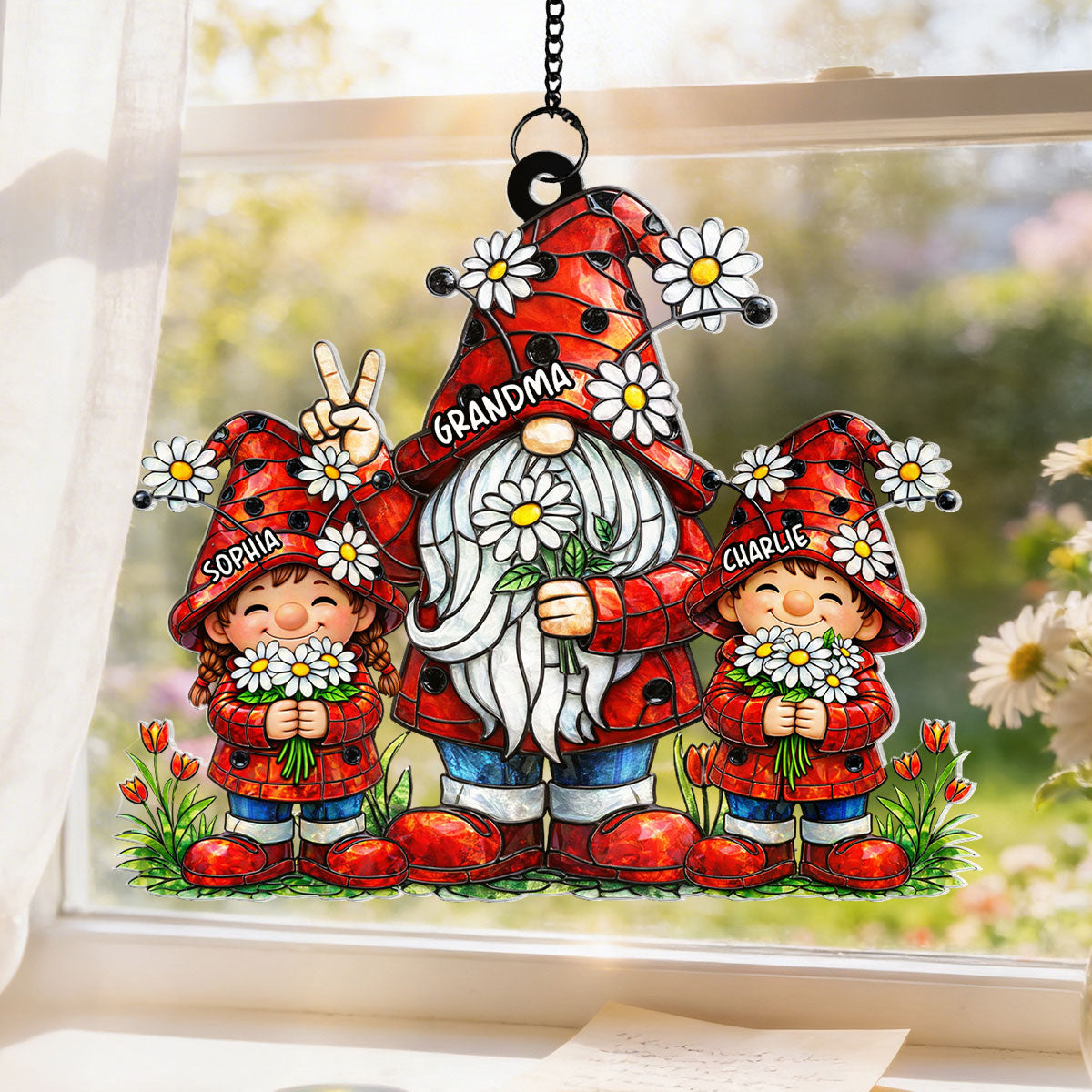 Grandma Grandkids Gnome Daisy Flowers - Personalized Suncatcher - Gift For Grandma