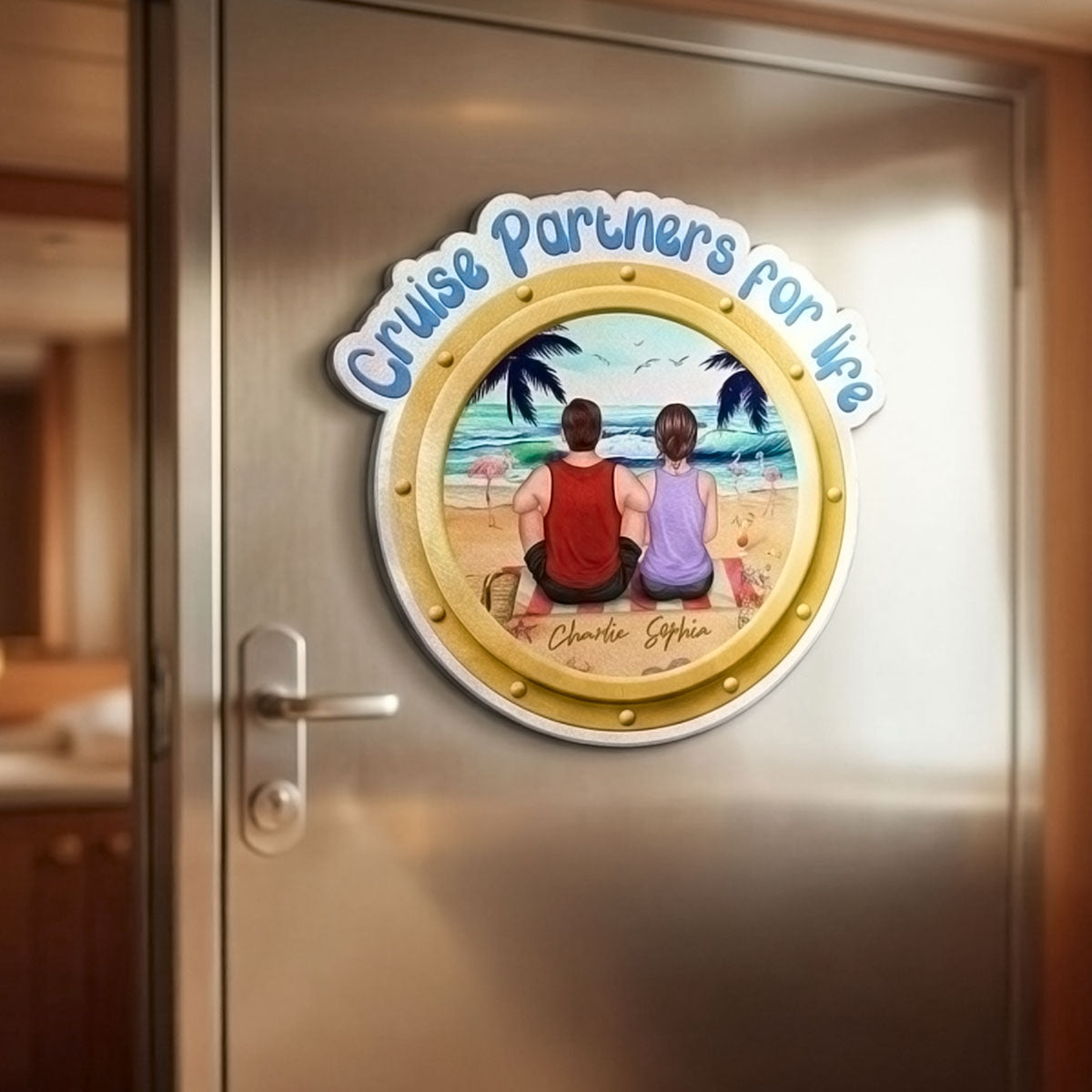 Cruise Partners For Life Porthole Back View Couple Sitting On The Beach - Personalized Cruise Ship Door Magnet
