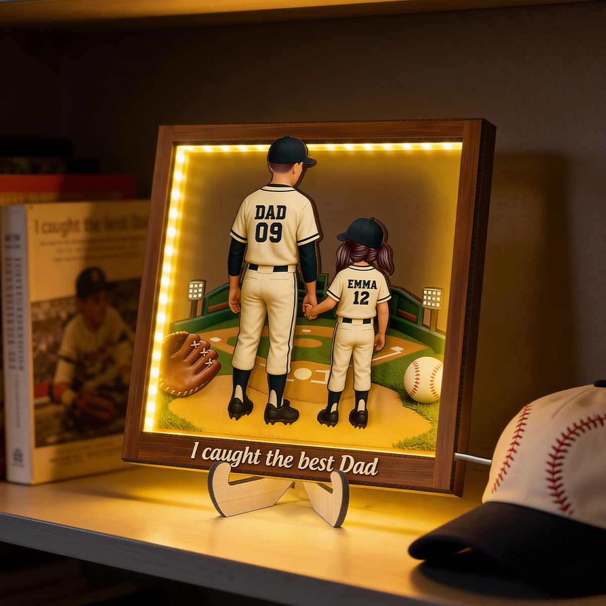 We Caught The Best Dad Baseball - Personalized Wooden Frame With LED - Heartfelt Gift For Baseball Dad