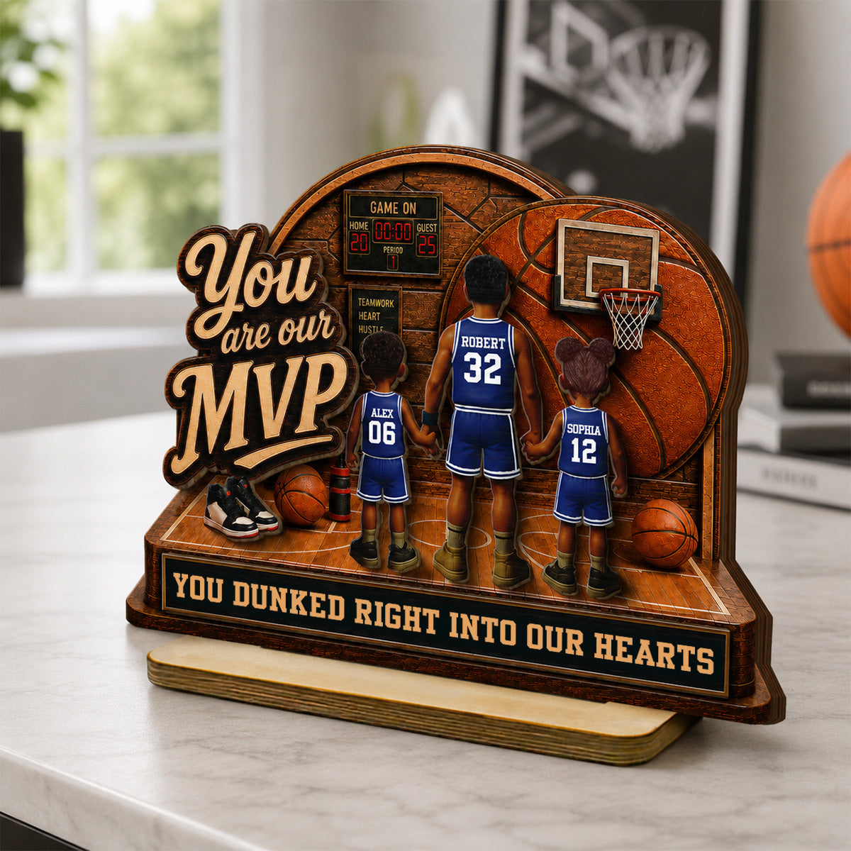 You Are Our MVP Standing Basketball Man & Kids 2D Flat - Personalized 2-Layered Wooden Plaque -  Gift For Basketball Dad
