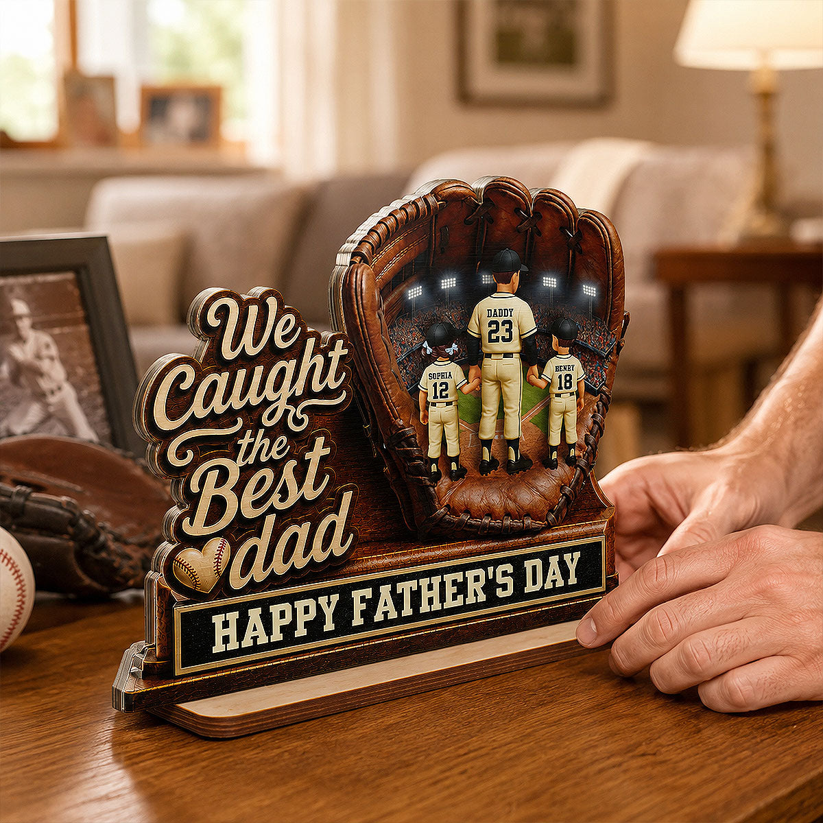 We Caught The Best Dad Dad & Kids In Glove - Personalized 2-Layered Wooden Plaque - Happy  For Baseball Dad