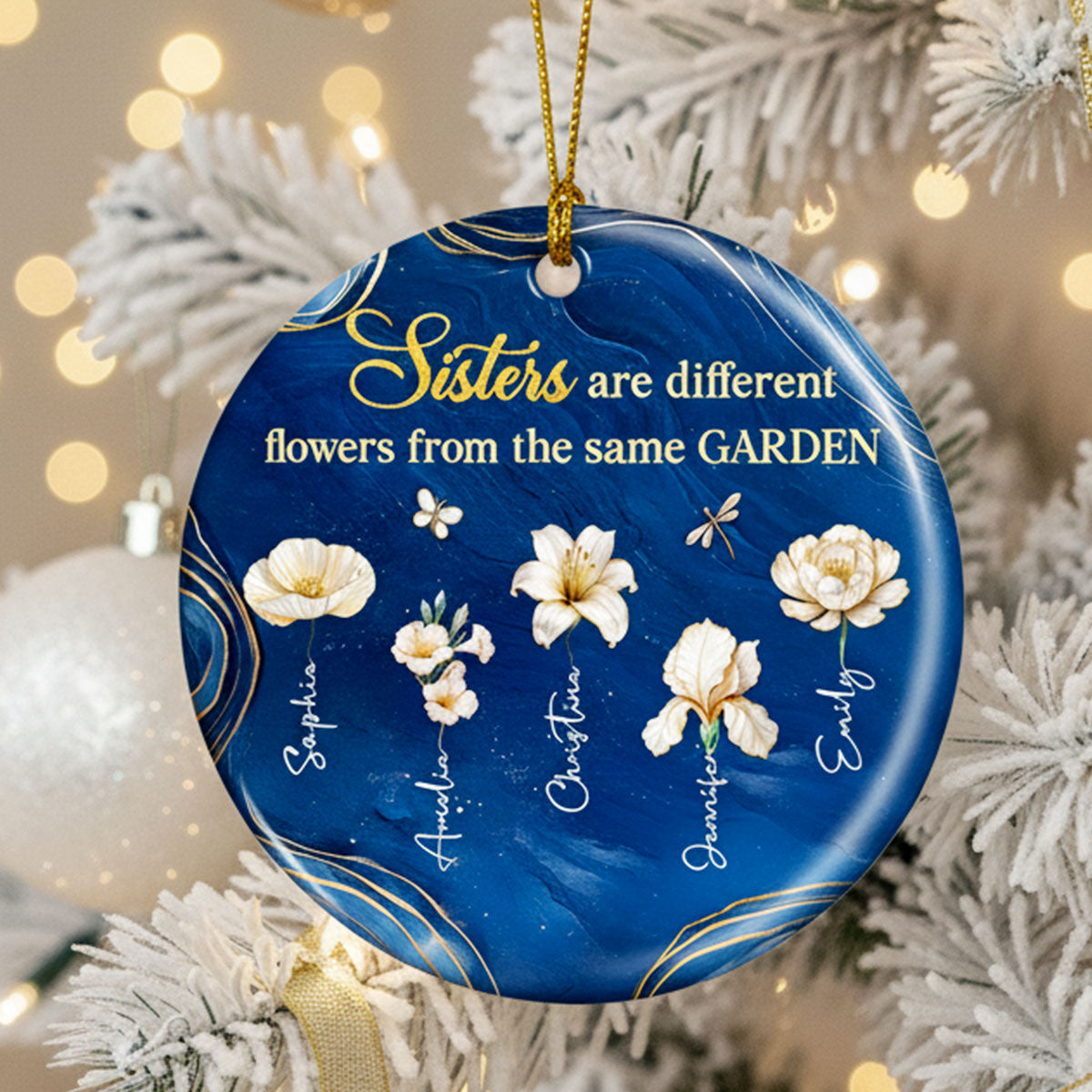 3D Effect Birth Flowers Sisters From The Same Garden - Personalized Ceramic Ornament - Christmas Gift For Sisters