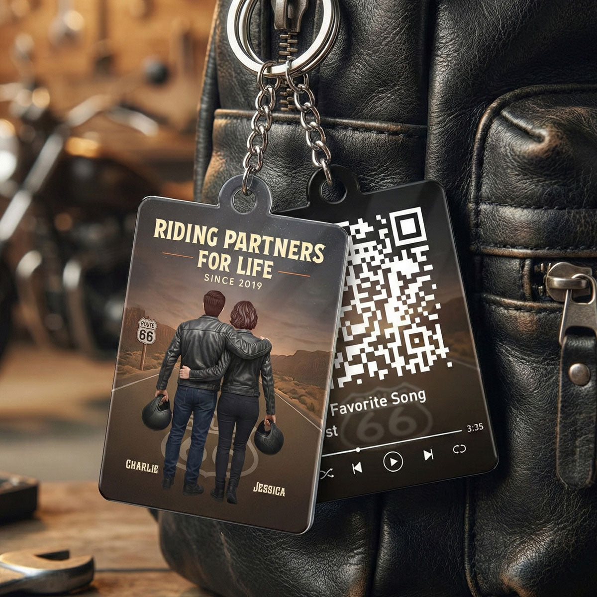 Eternal Love Back View Biker Couple Riding Partners For Life - Personalized Acrylic Keychain - Gift For Couple, Bikers, Scannable QR Code Favorite Song