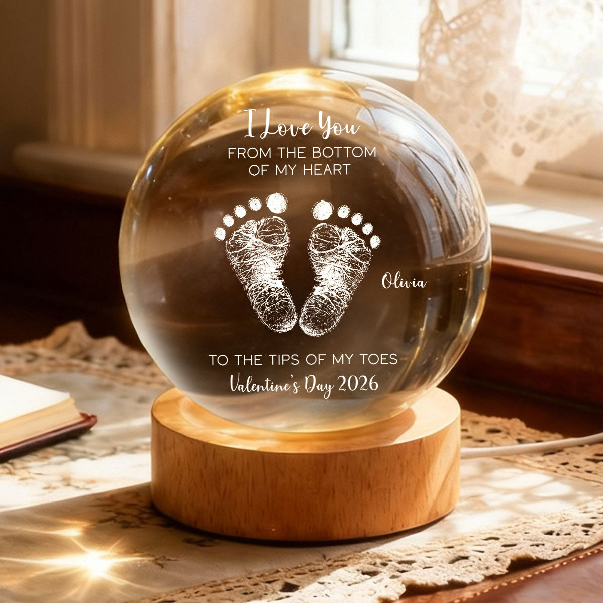 Valentine Kids Footprint Sign - Personalized Crystal Ball LED Night Light - Anniversary, Valentine's Day Gift, Gift For Him, Gift For Her