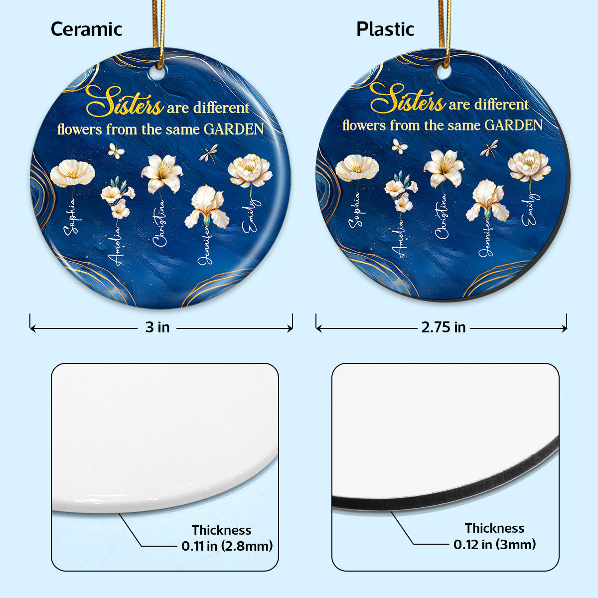 3D Effect Birth Flowers Sisters From The Same Garden - Personalized Ceramic Ornament - Christmas Gift For Sisters