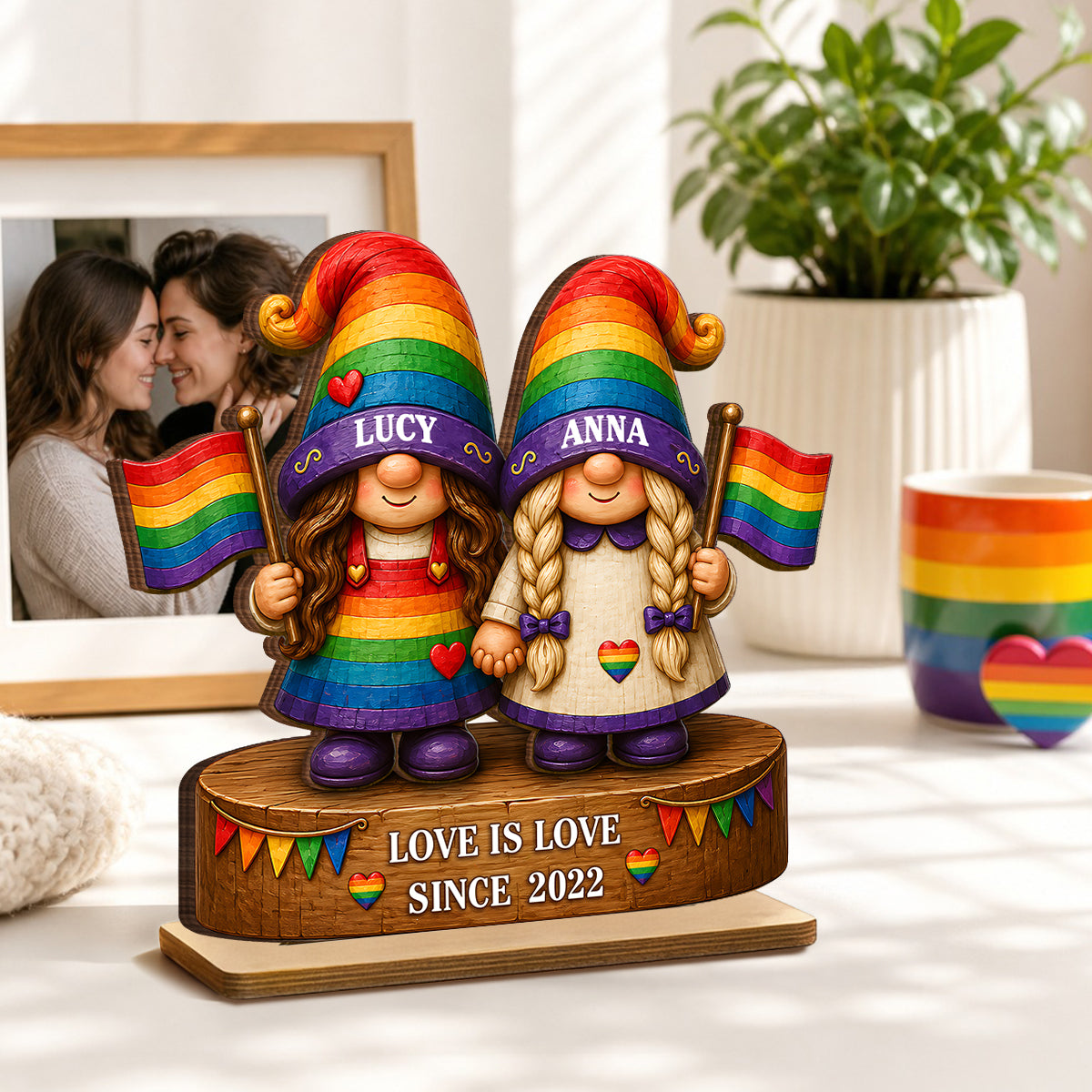 Love Is Love Rainbow Gnome Couple - Personalized 2-Layered Wooden Plaque - Gift For Couple, Happy Pride Month