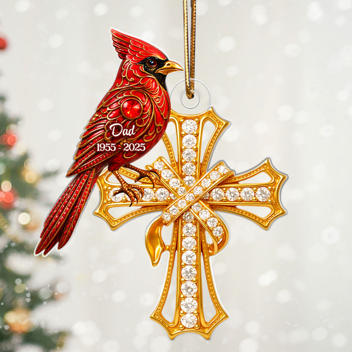 Red Cardinal On Cross 3D Crystal Effect - Personalized Acrylic Ornament - Family Memorial Keepsake