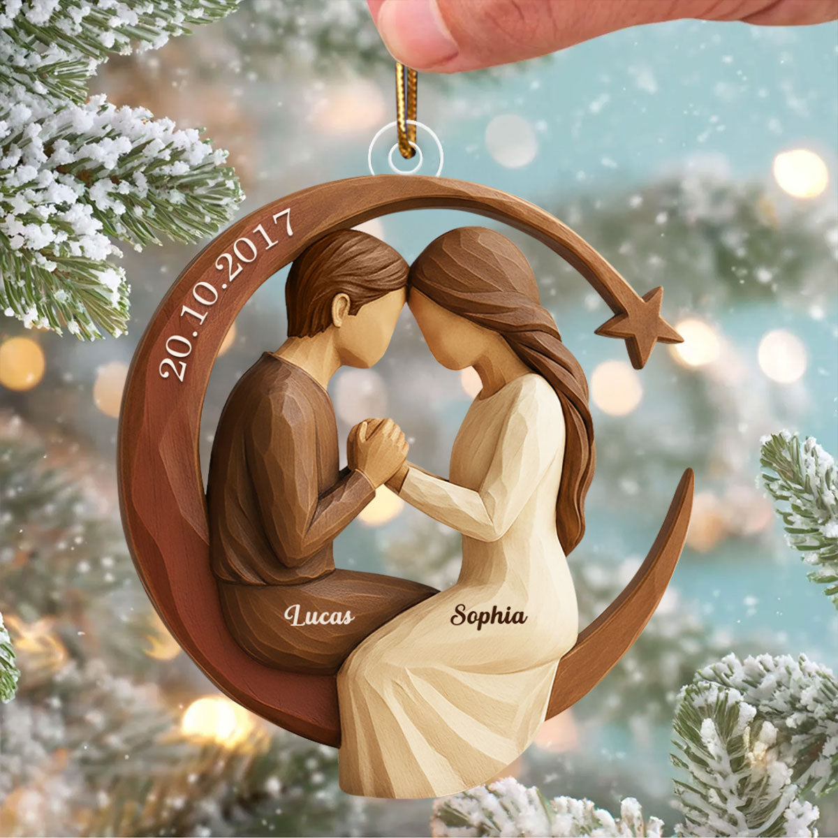 Couple I Love to the Moon and Back 3D Wooden Effect - Personalized Acrylic Ornament - Christmas Gift for Couples