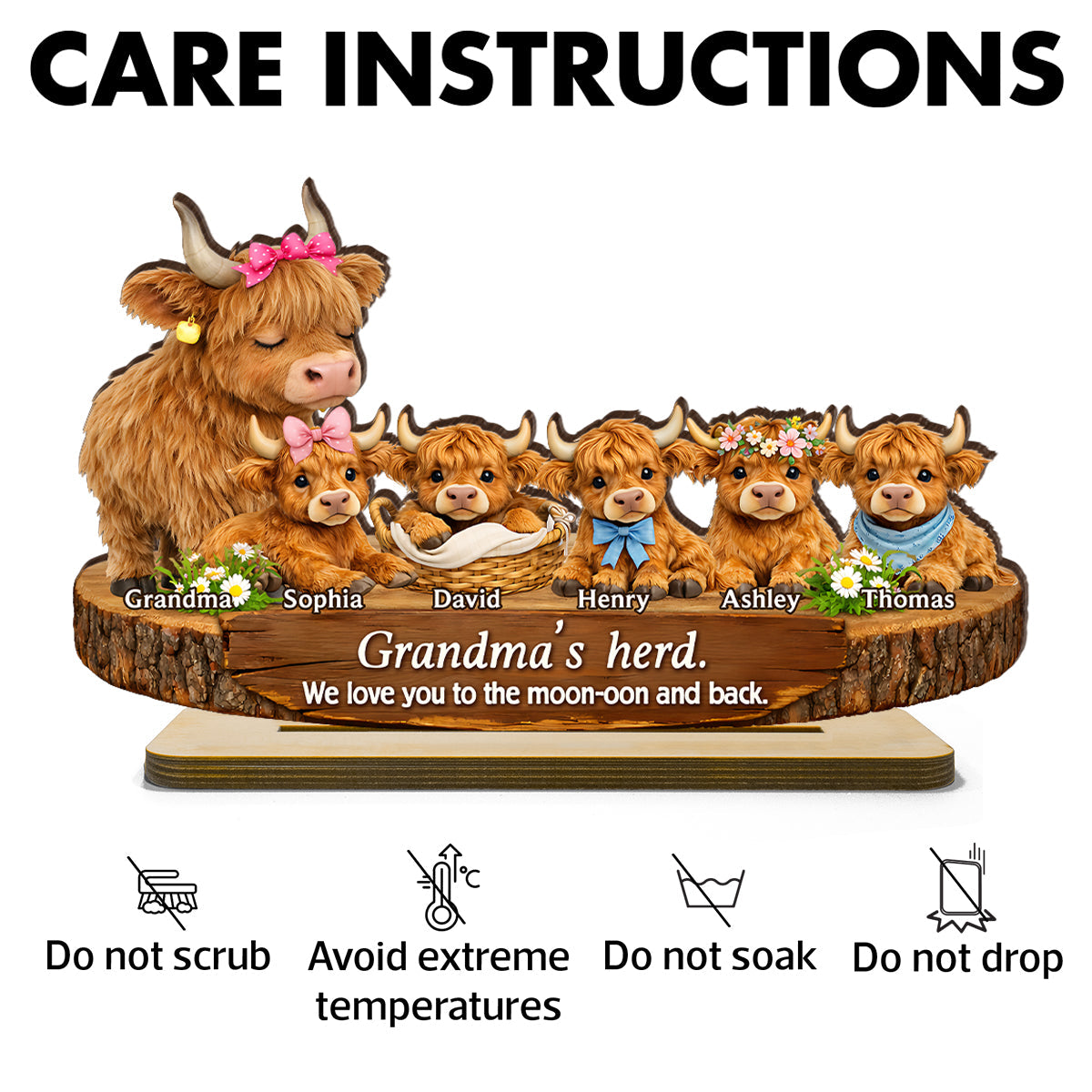 Grandma and Grandpa's Herd Highland Cow Family - Personalized 2-Layered Wooden Plaque - Gift for Grandma, Grandpa