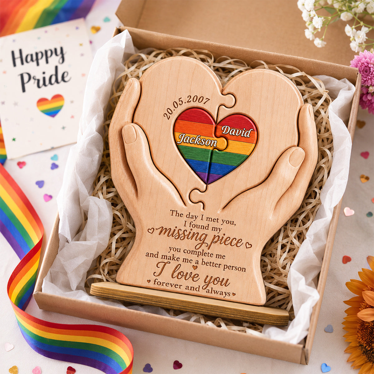 I Found My Missing Piece LGBTQ+ Couple - Personalized 2-Layered Wooden Plaque - Pride Month Decor, Gift for Her, Gift for Him