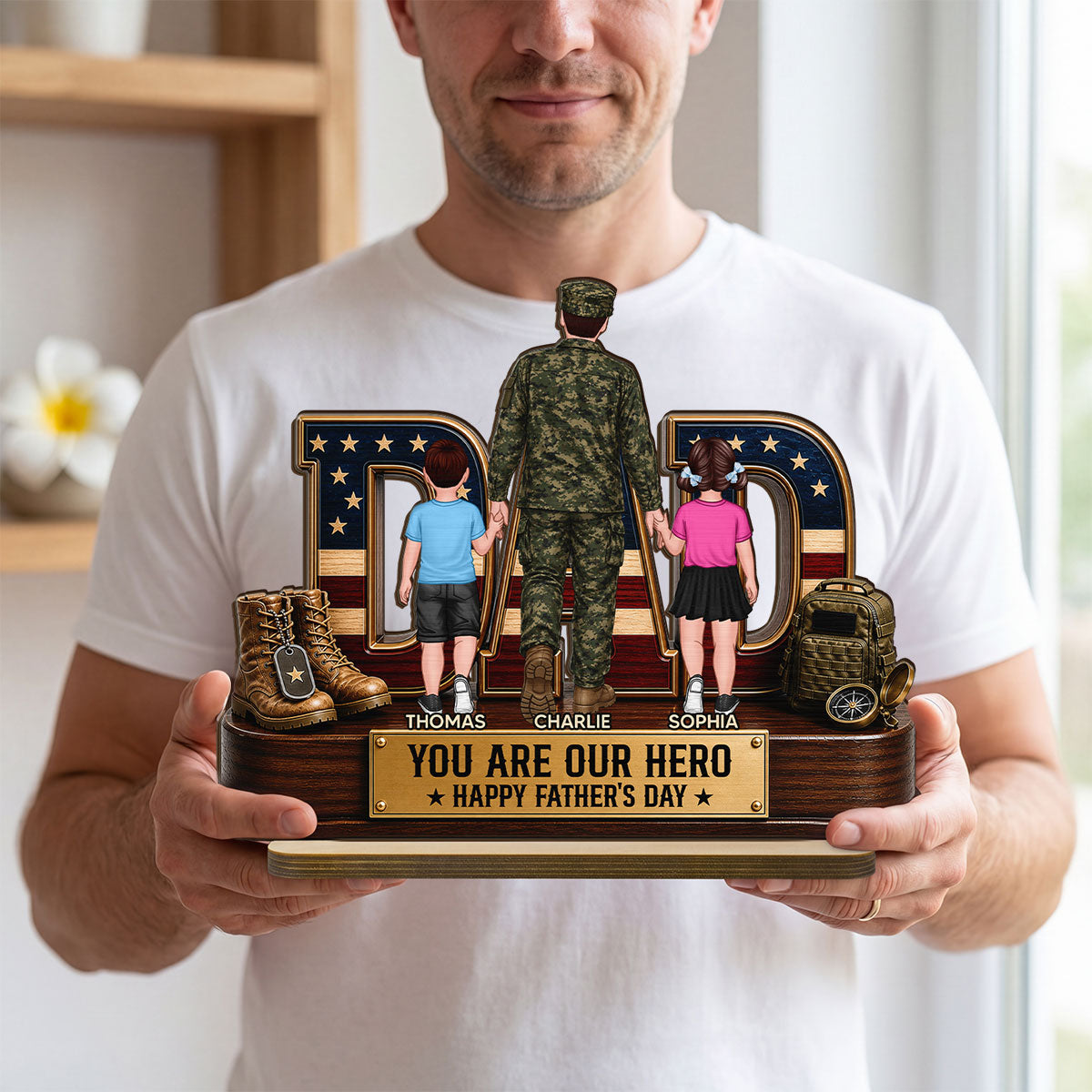 Nation Flag Military Dad You Are Our Hero - Personalized 2-Layered Wooden Plaque -  Gift For Dad, Husband