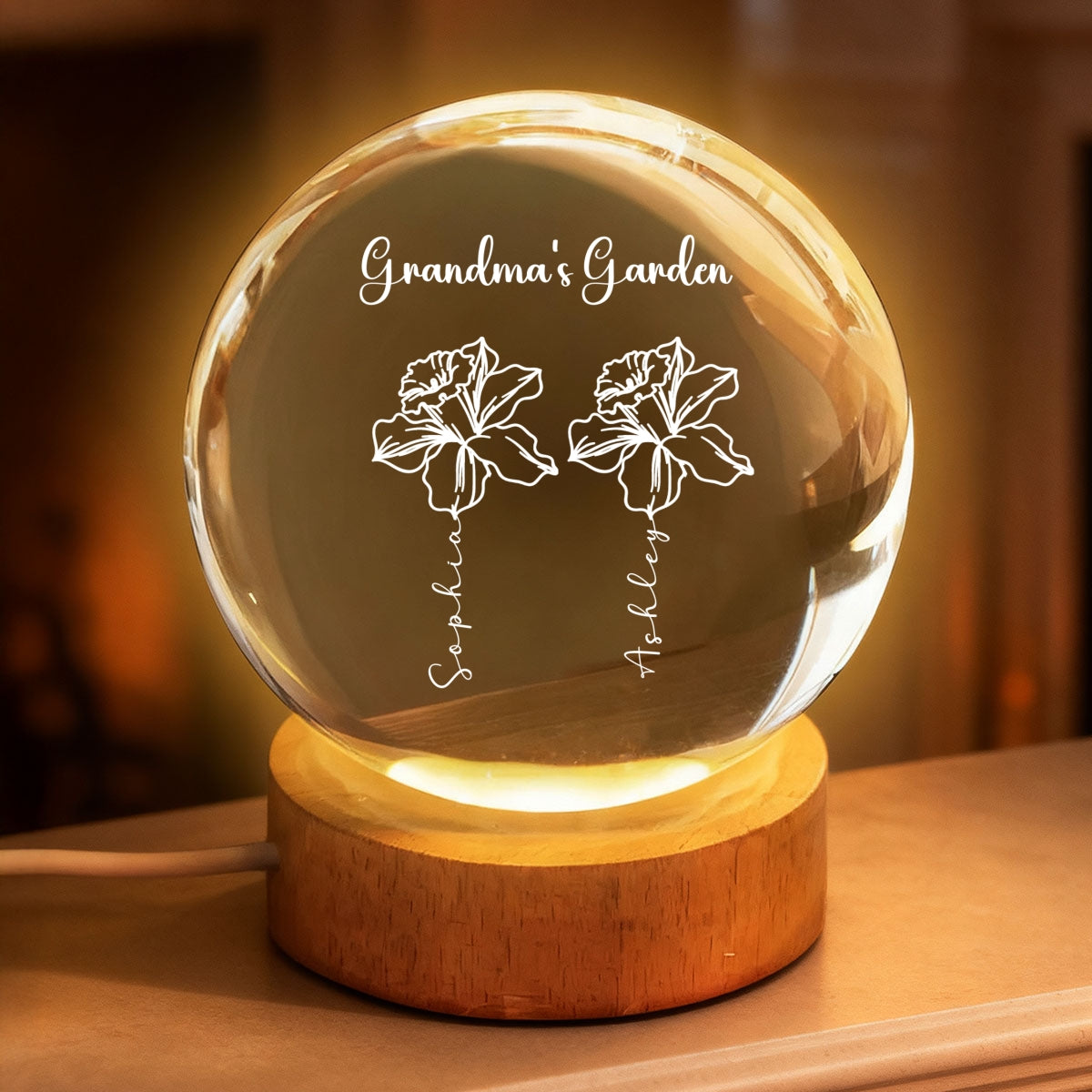Grandma Garden Custom Birth Month Flowers - Personalized Crystal Ball LED Night Light - Heartfelt Gift For Grandma