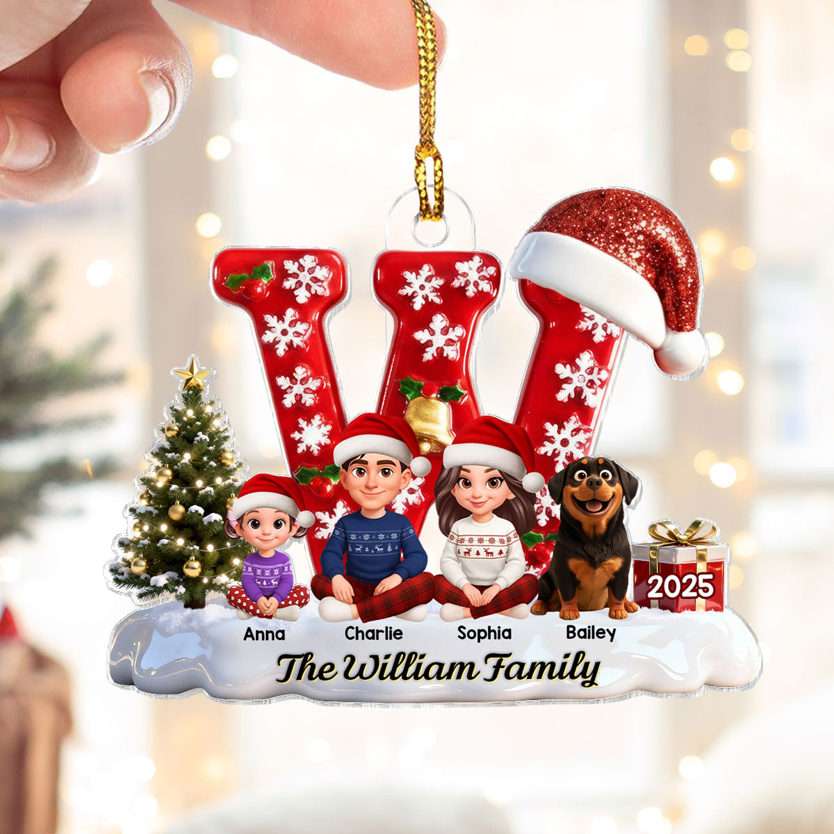 3D Effect Christmas Festive Family Name Initial Beautiful Family Together - Personalized Acrylic Ornament - Gift For Family