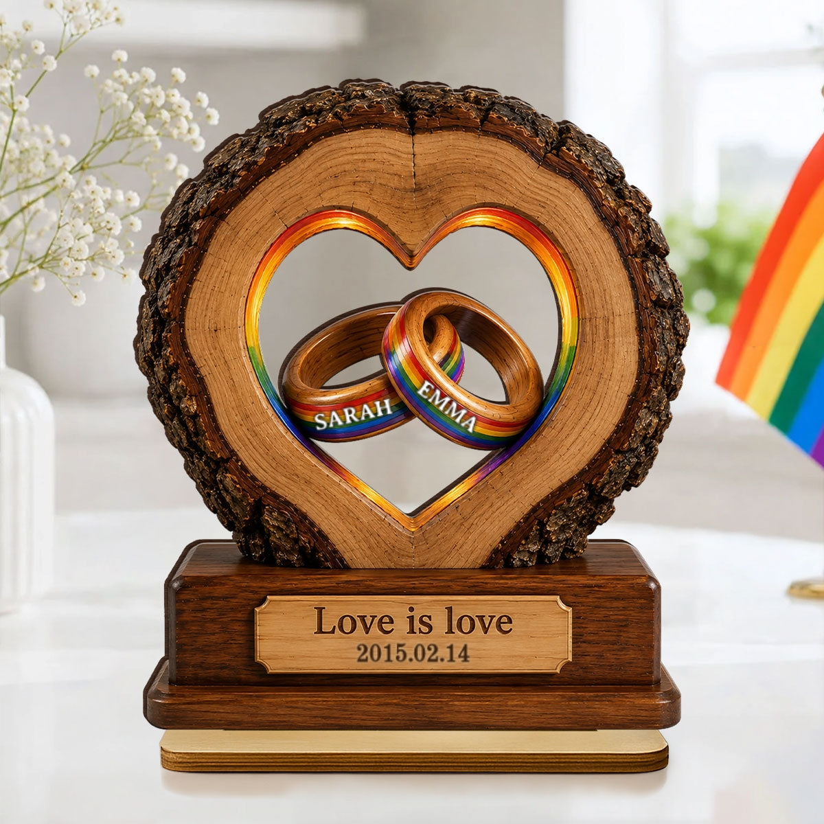 Love is Love LGBTQ+ Couple Anniversary - Personalized 2-Layered Wooden Plaque - Heartfelt Gift for Her, for Him