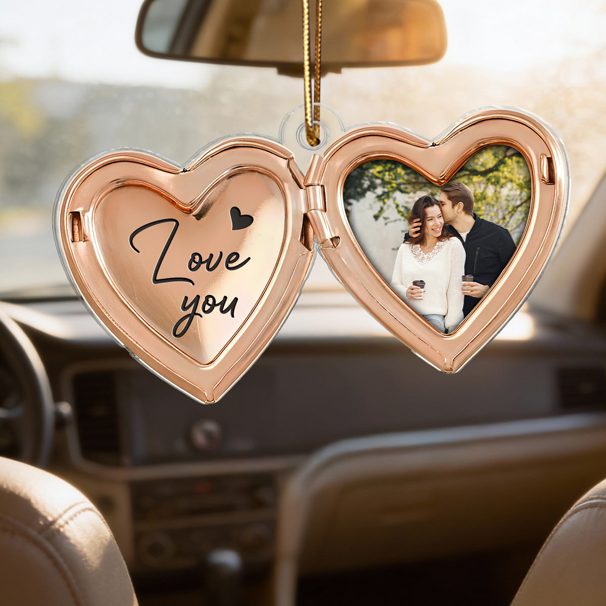 Couple Custom Photo Heart Locket Illustration 2D Flat - Personalized Acrylic Car Hanger Ornament - Gift For Her, Gift For Him
