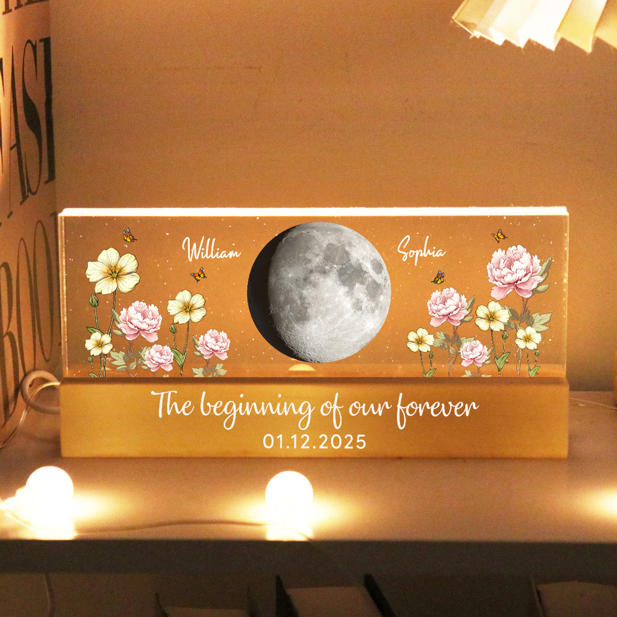 Custom Couple Birth Month Flowers Our Moon Custom Moon Phase Art - Personalized Acrylic Block Plaque LED Night Light - Gift For Couple