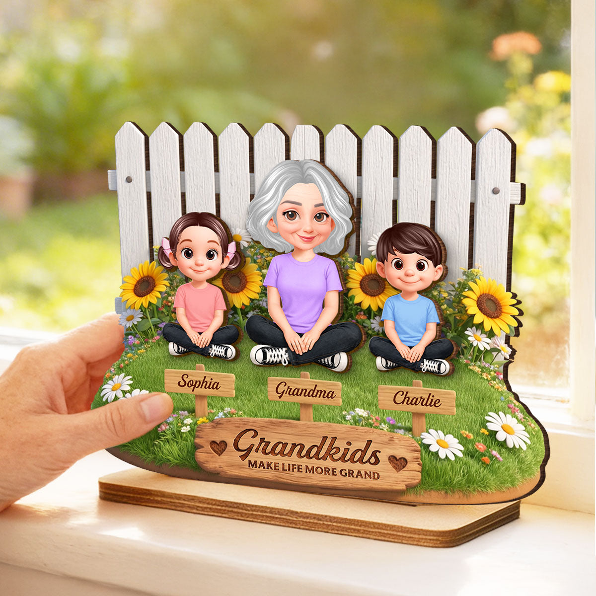 Together by the Fence Grandma Grandkids - Personalized 2-Layered Wooden Plaque - Gift For Grandma