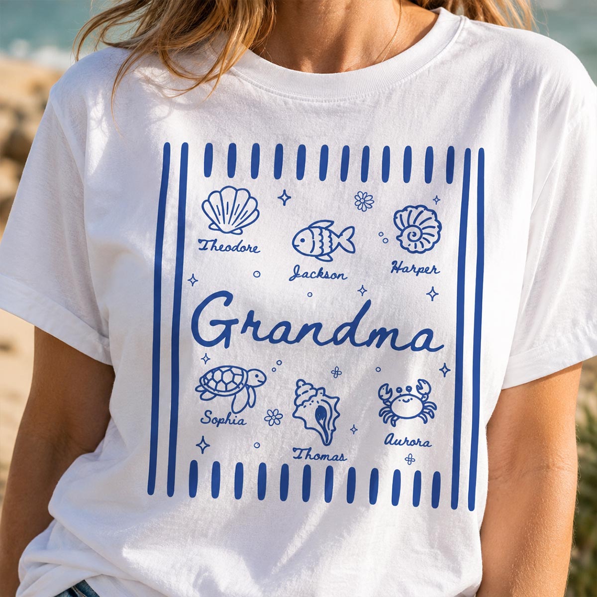 Blue Retro Summer Grandma Mom - Personalized Shirt