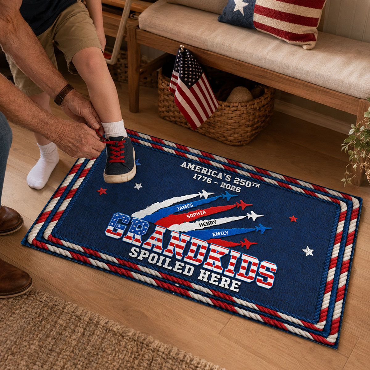Proud Grandkids Spoiled Here American 250th Anniversary Faux Yarn Texture - Personalized Doormat - 250 Years Of Freedom Decoration, Gift For Grandparents