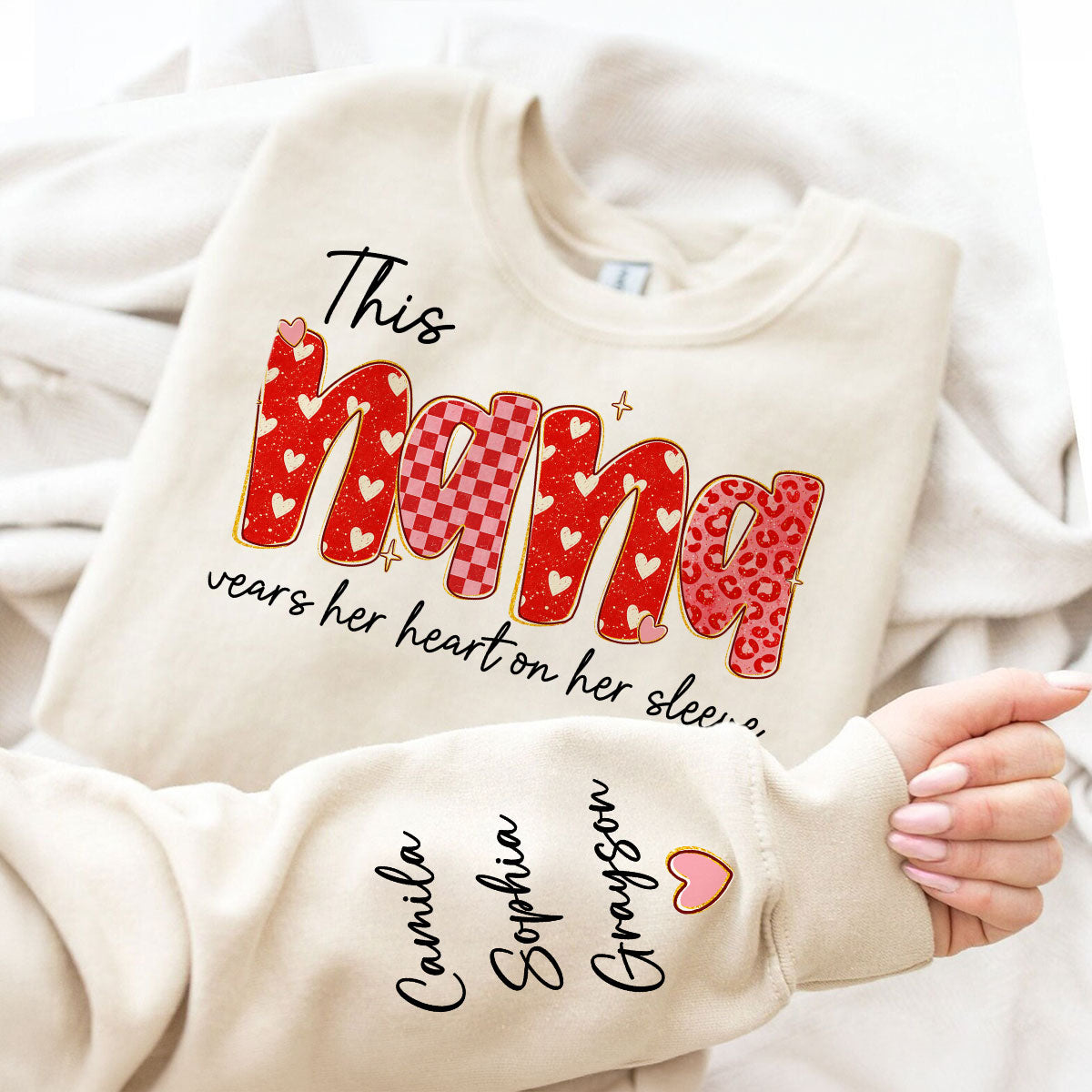 This Nana Wears Heart On Her Sleeve Preppy Pattern - Personalized Sleeve Printed Sweatshirt - Mother's Day Gift For Grandma