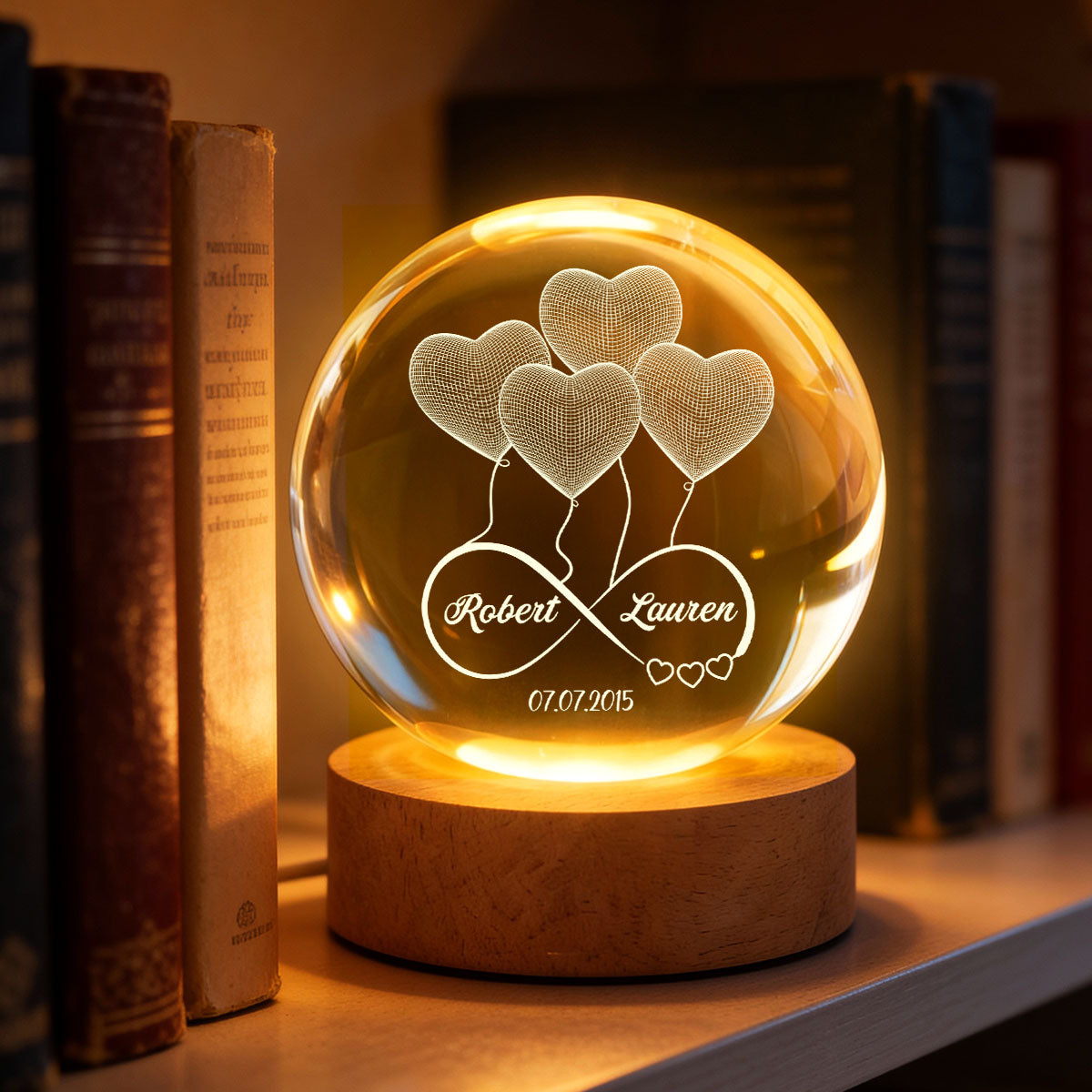 Couple Infinity Love Heart Balloon - Personalized Crystal Ball LED Night Light - Sentimental Gift for Her, for Him, Couple Keepsake