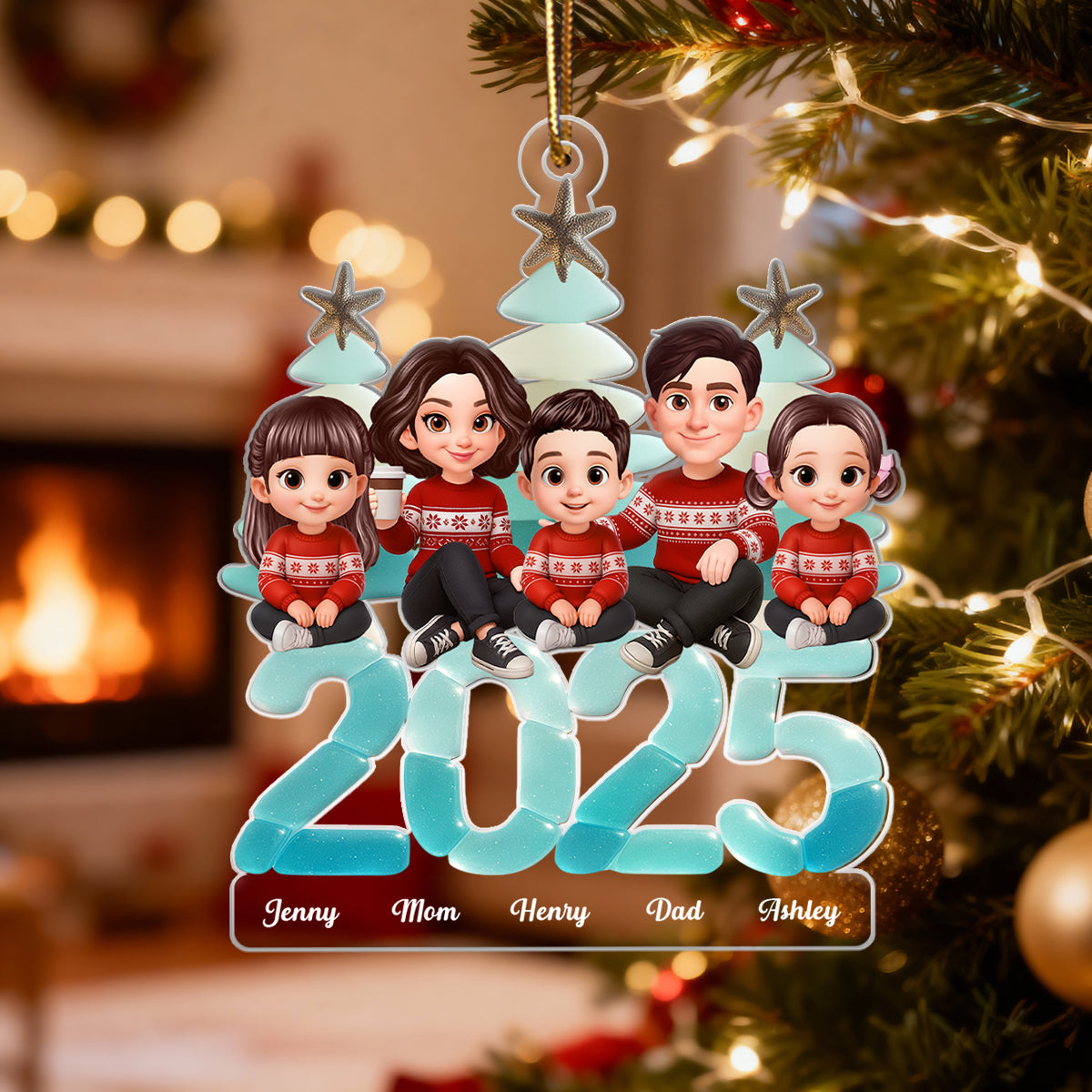 3D Effect Sea Glass Christmas Family Sitting On Text - Personalized Acrylic Ornament