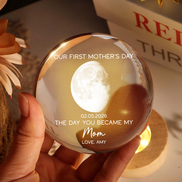 The Day You Became My Mom Custom Moon Phase First Mother's Day - Personalized Crystal Ball LED Night Light - First Mother's Day Gift For New Mom