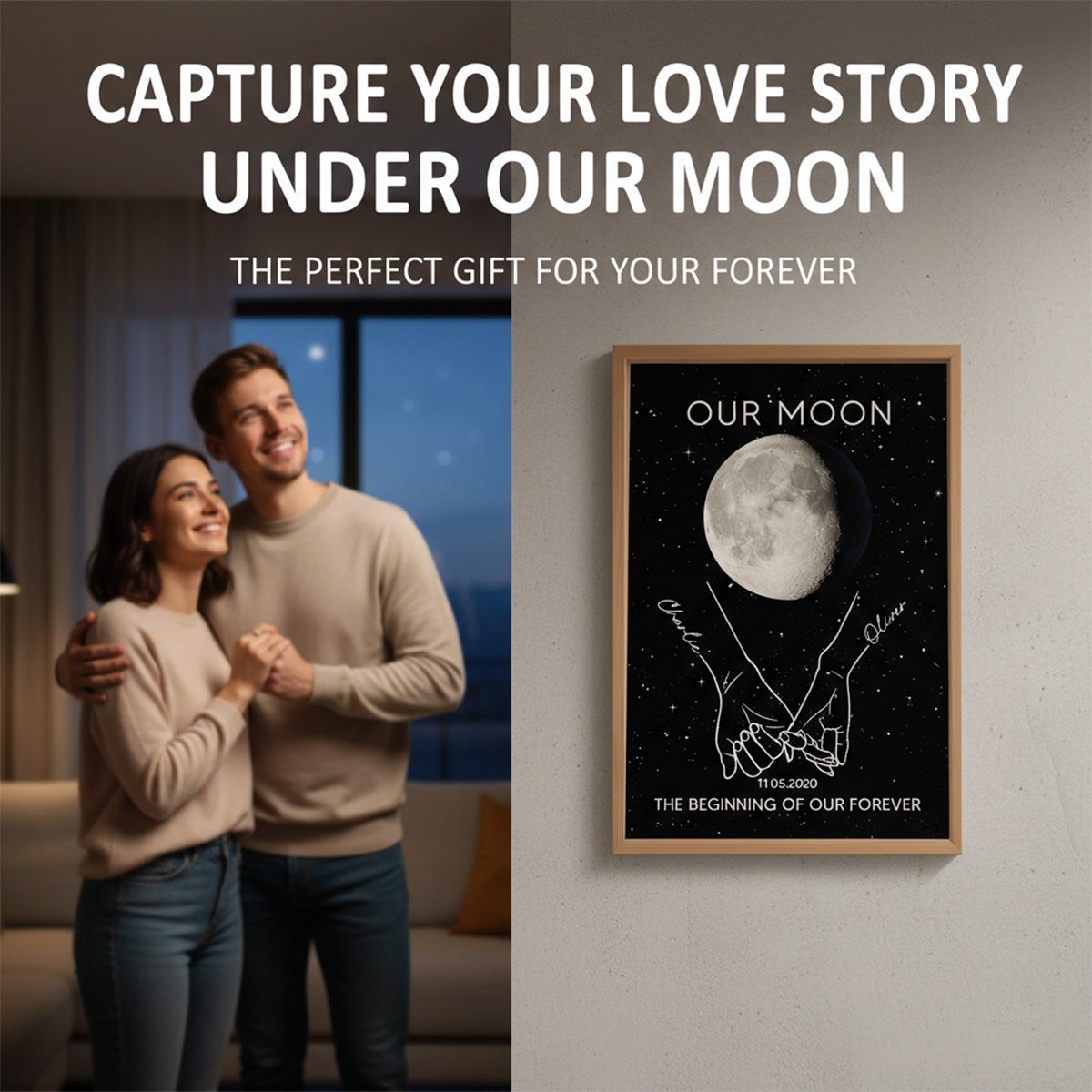 Couple Holding Hands Line Art Custom Moon Phase Anniversary Date - Personalized Poster - Gift For Couple