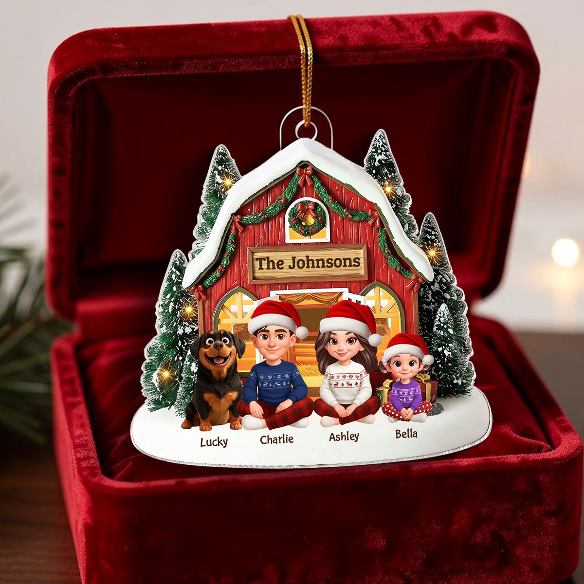 3D Effect Christmas Barn House Family Sitting Together - Personalized Acrylic Ornament