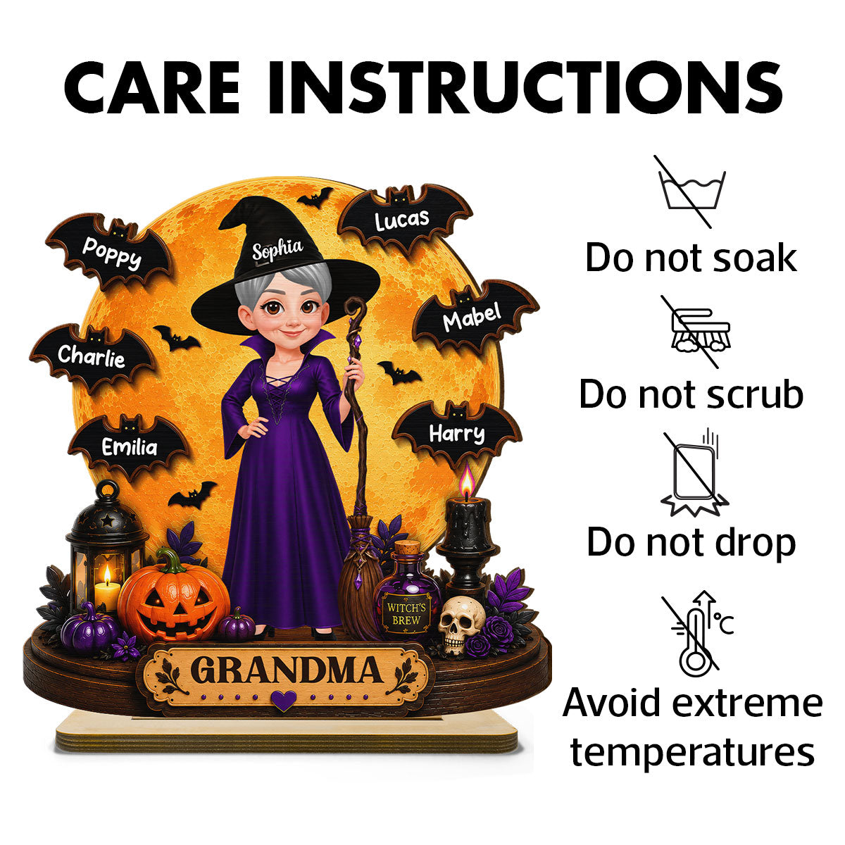 Grandma Witch Under Full Moon 2D Flat - Personalized Wooden Plaque - Halloween Decor For Grandma