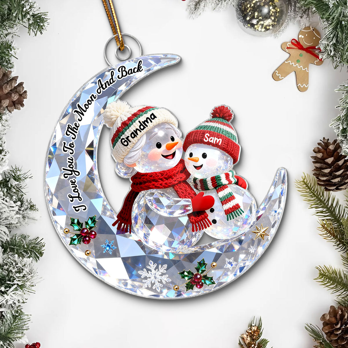 3D Shining Effect Grandma Grandkid Snowman On Moon - Personalized Acrylic Ornament - Heartwarming Gift For Granddaughter, Grandson