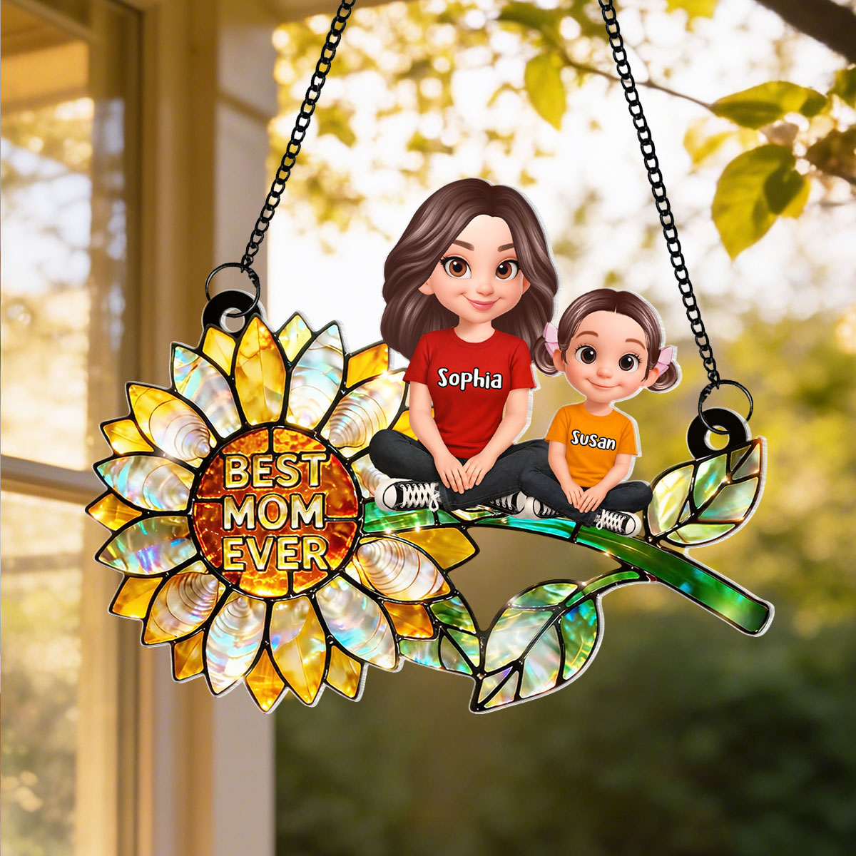 Sunflower Mom and Kids Sitting - Personalized Window Hanging Suncatcher - Mother's Day Gift for Mom, Wife