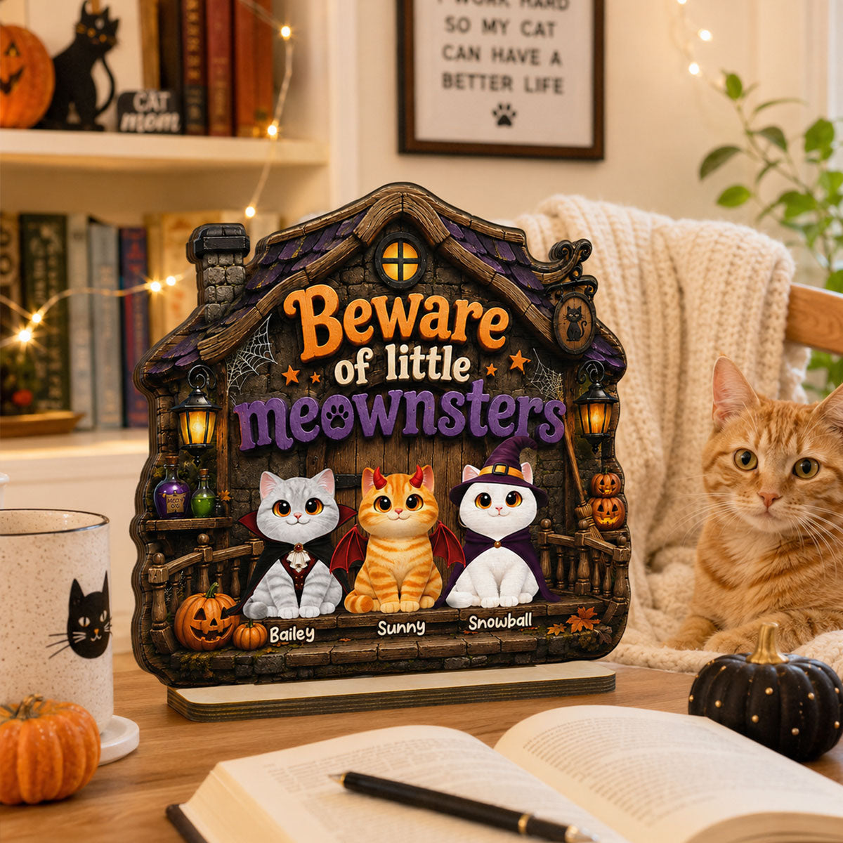 Spooky Halloween Beware of Little Meownsters Cats - Personalized 2-Layered Wooden Plaque - Halloween Gift For Cat Lovers, Halloween Decor