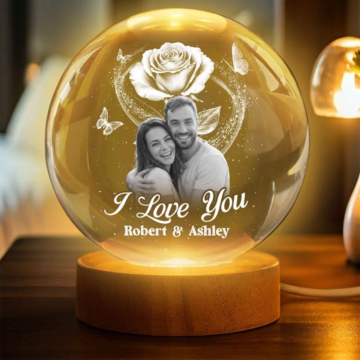 Eternal Love Rose I Love You - Personalized Crystal Ball LED Night Light - Valentine's Day Gift For Couple, For Her