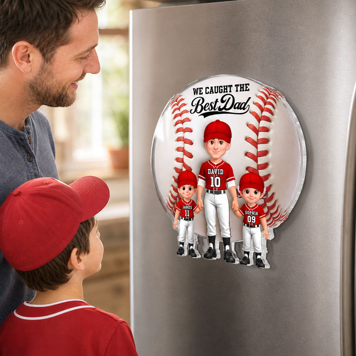 Baseball Dad And Kids We Caught The Best Dad - Personalized Acrylic Fridge Magnet - Father's Day Gift For Dad, Husband
