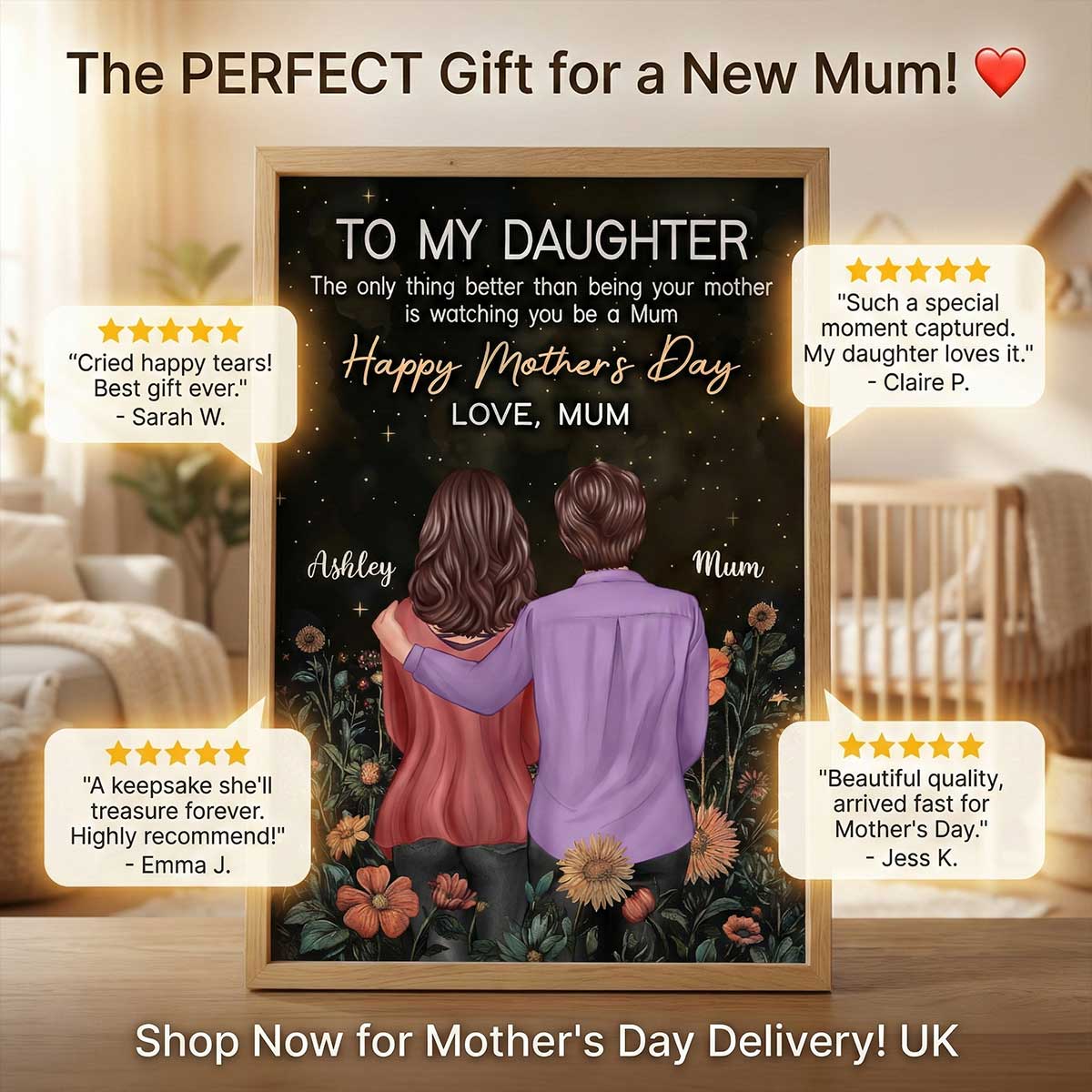 To My Daughter From Mum Happy Mother's Day Golden Vintage Floral - Personalised Poster - Mother's Day