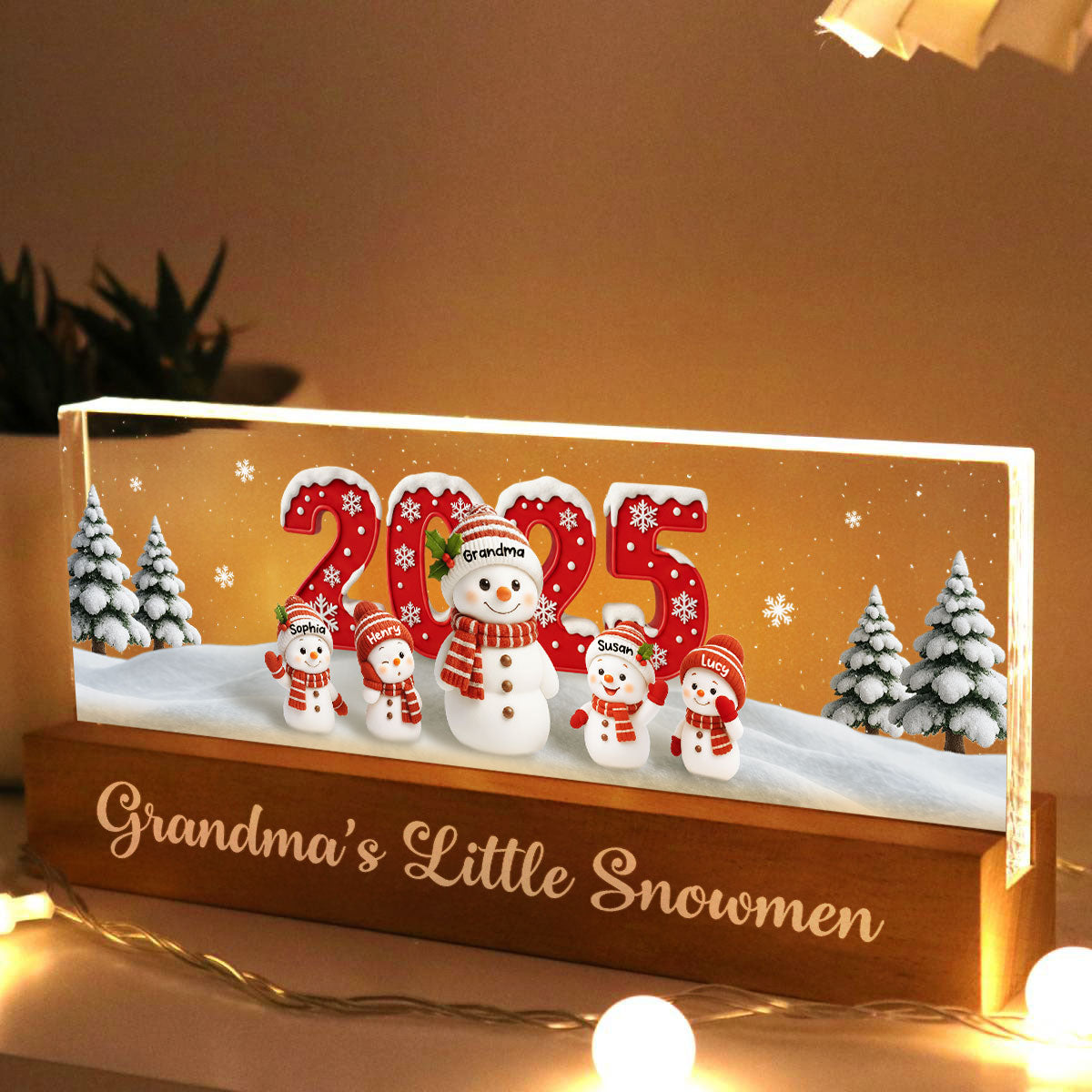 Grandma's Little Snowmen - Personalized Acrylic Block LED Night Light - Christmas Gift for Grandma