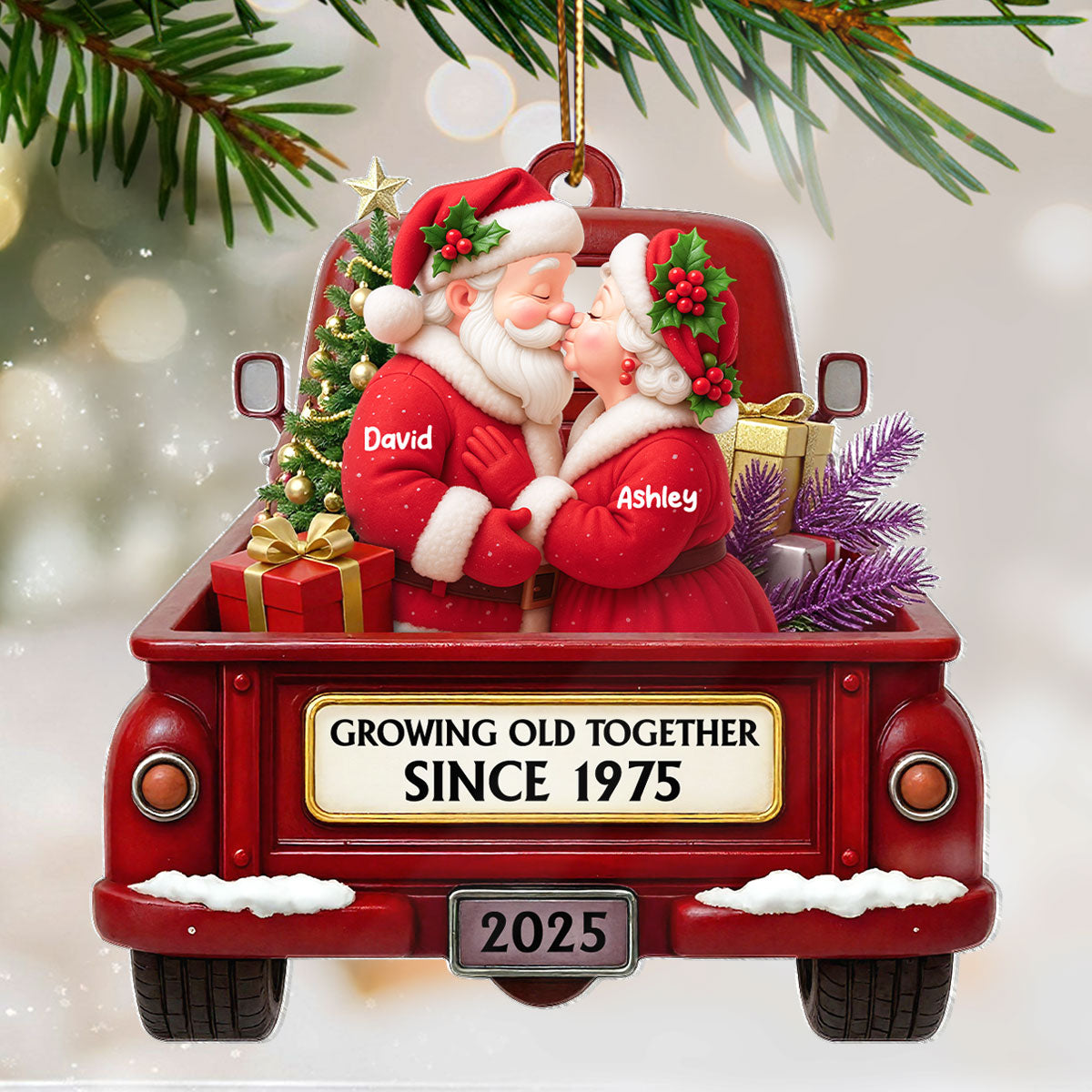 Growing Old Together Santa Couple Red Truck - Personalized Acrylic Ornament - Heartwarming Christmas Gift For Him, For Her, For Couple