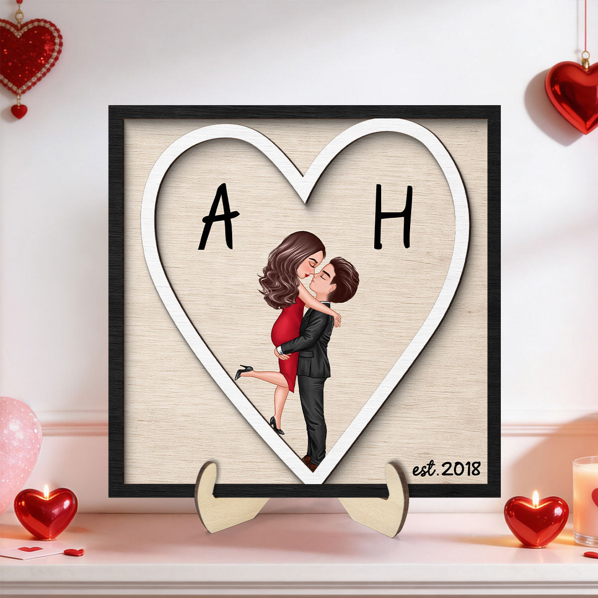 Initials Heart Sign - Personalized 2-Layered Wooden Plaque - Gift for Couple