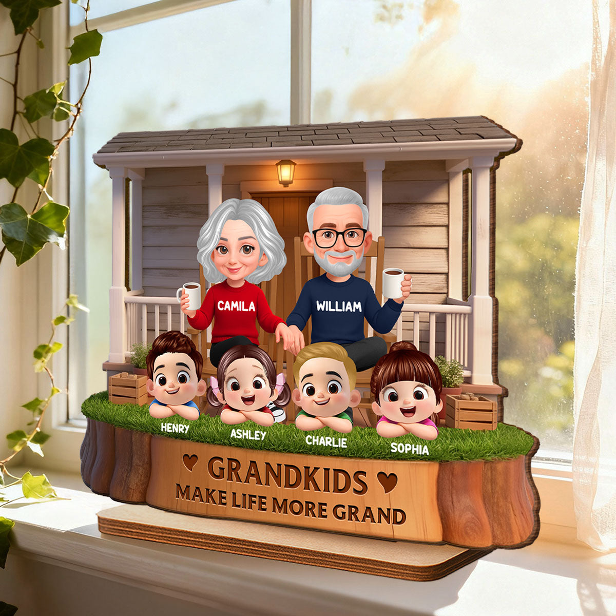 Grandkids Make Life Grand Grandparents On The Front Porch - Personalized 2-Layered Wooden Plaque - Gift for Grandma, Grandpa