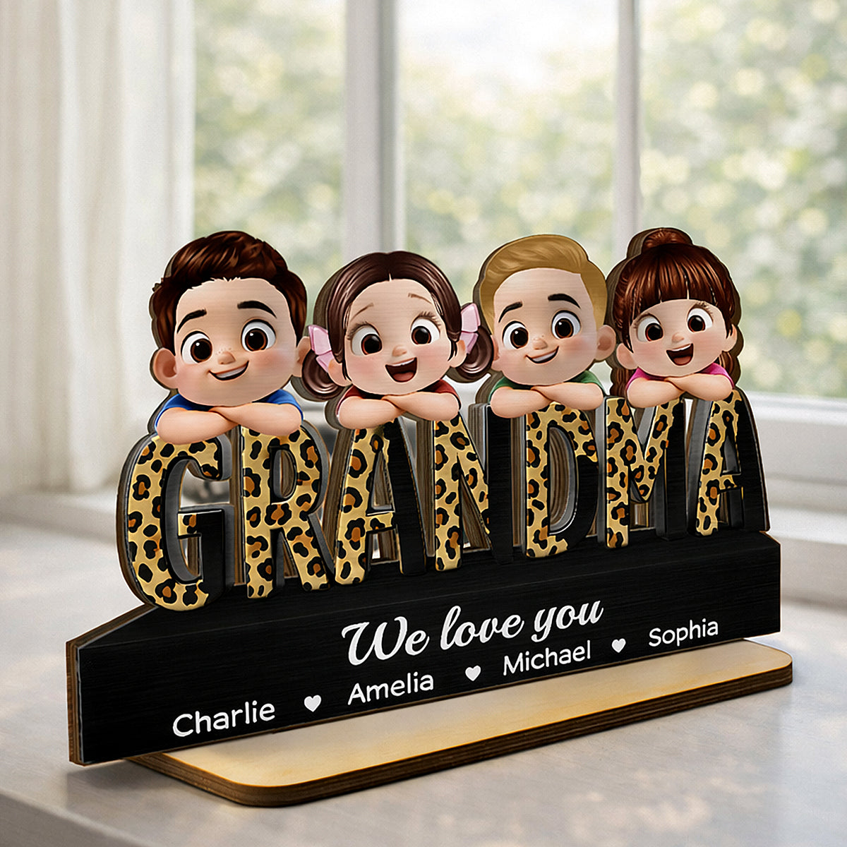 Grandma We Love You Leopard Pattern - Personalized 2-Layered Wooden Plaque - Heartfelt Gift for Grandma