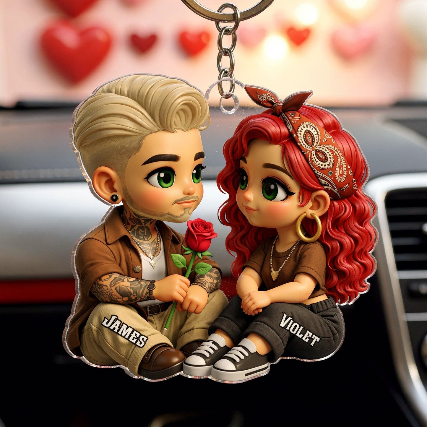 3D Effect Cute Couple A Rose For You - Personalized Acrylic Car Hanger - Valentine's Gift For Him, For Her, For Couple