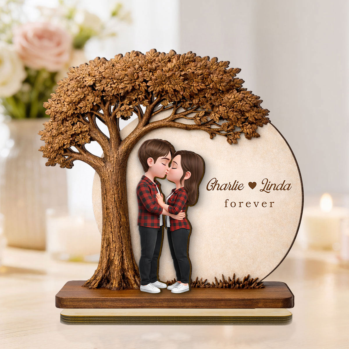 Romantic Couple Tree Love - Personalized 2-Layered Wooden Plaque - Anniversary, Valentine's Day Gift, Gift For Him, Gift For Her