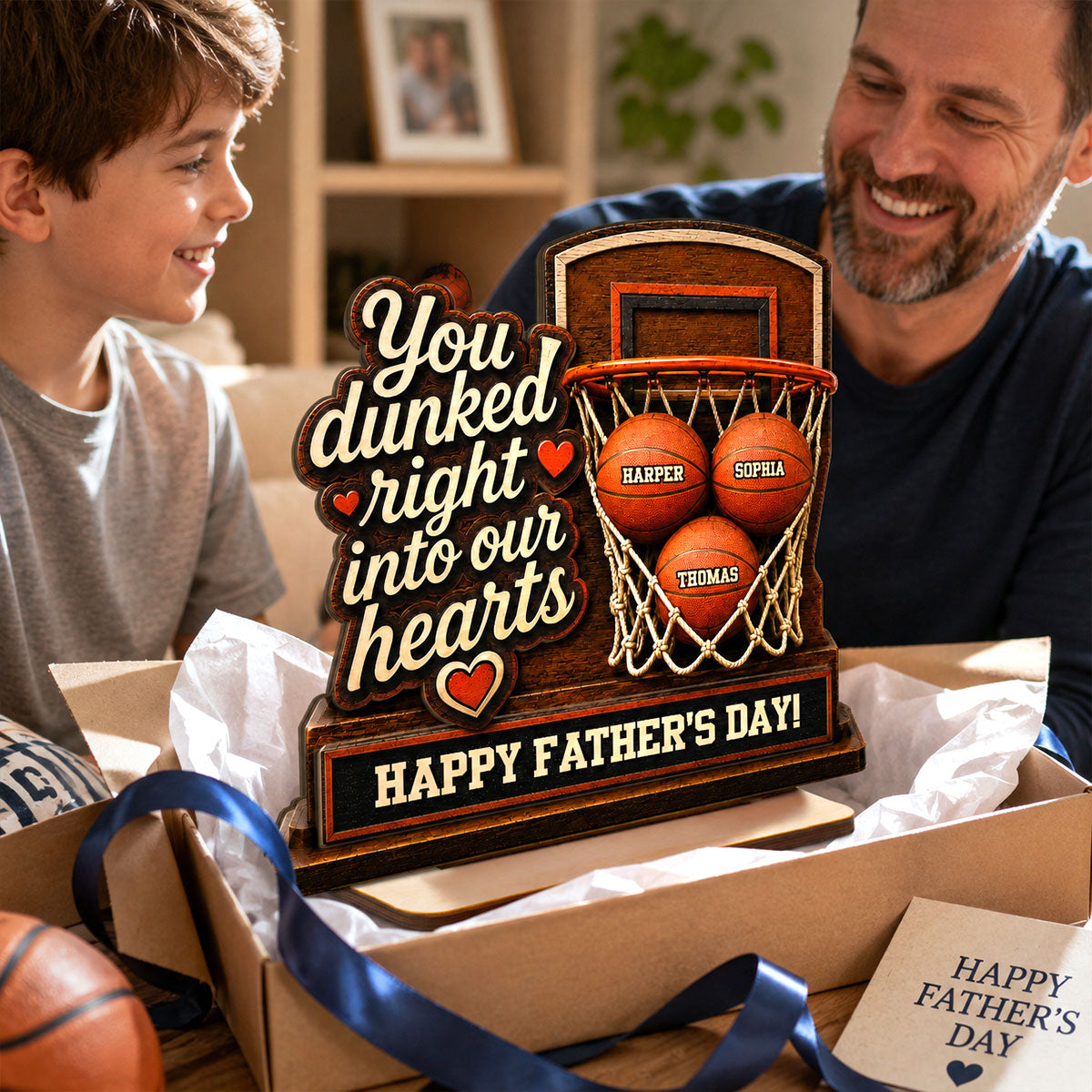 You Dunked Right Into Our Hearts Custom Name 2D Flat - Personalized 2-Layered Wooden Plaque -  Gift For Basketball Dad