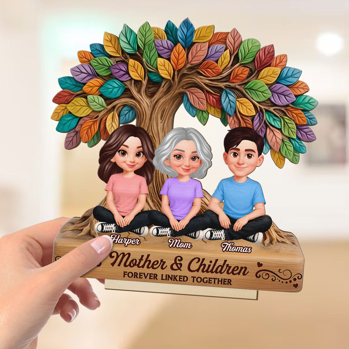 Mom And Son Daughter Under Colorful Tree Of Life - Personalized 2-Layered Wooden Plaque - Gift For Mom